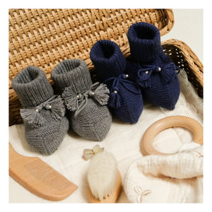 Gentil Coquelicot - Gestrickte Hausschuhe und bestickte Tasche | Marineblau