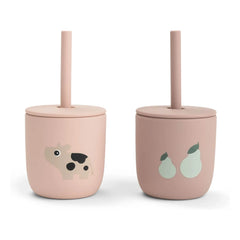 Done by deer - Tiny Farm Trinkbecher mit Strohhalm - 2er-Set | Rosa
