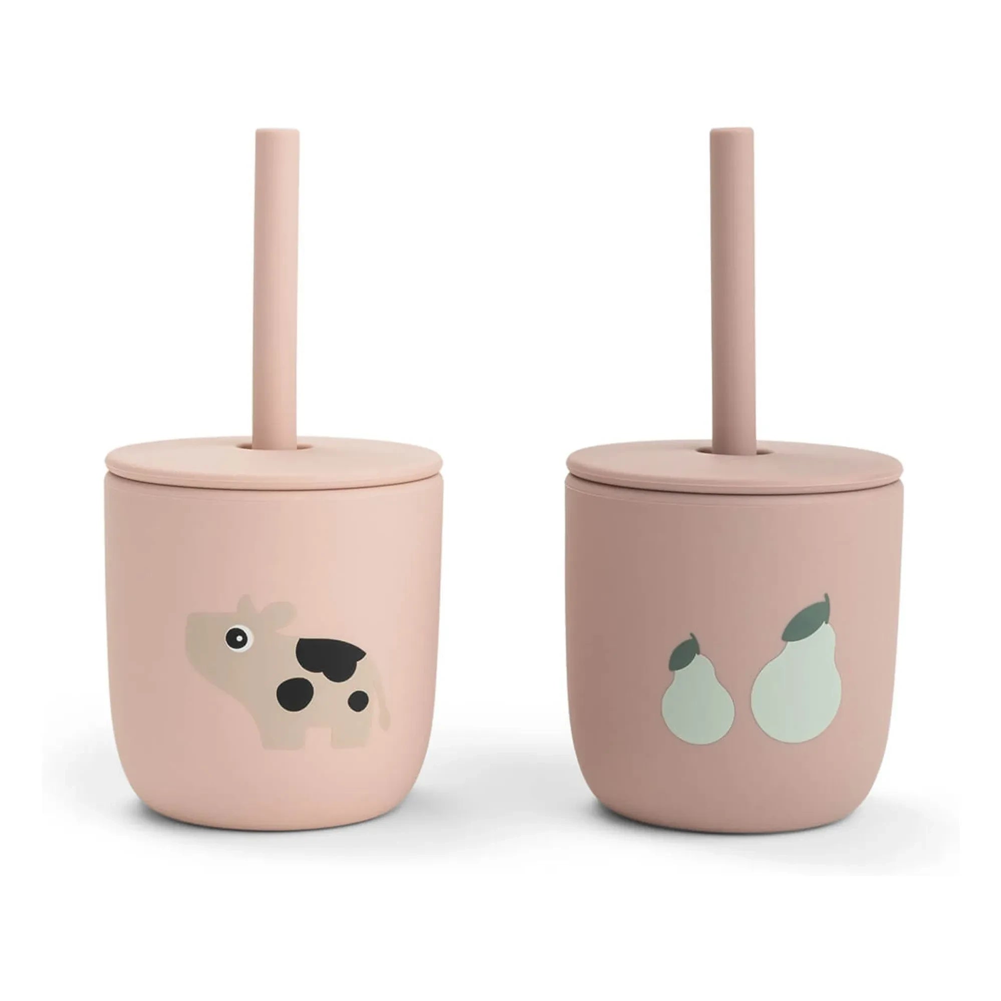 Done by deer - Tiny Farm Trinkbecher mit Strohhalm - 2er-Set | Rosa