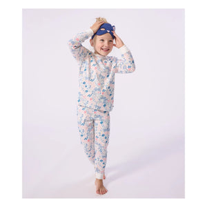 Petit Bateau – Schlafanzug aus Bio-Baumwolle mit Katzenmaske und Blumenmuster | Weiß