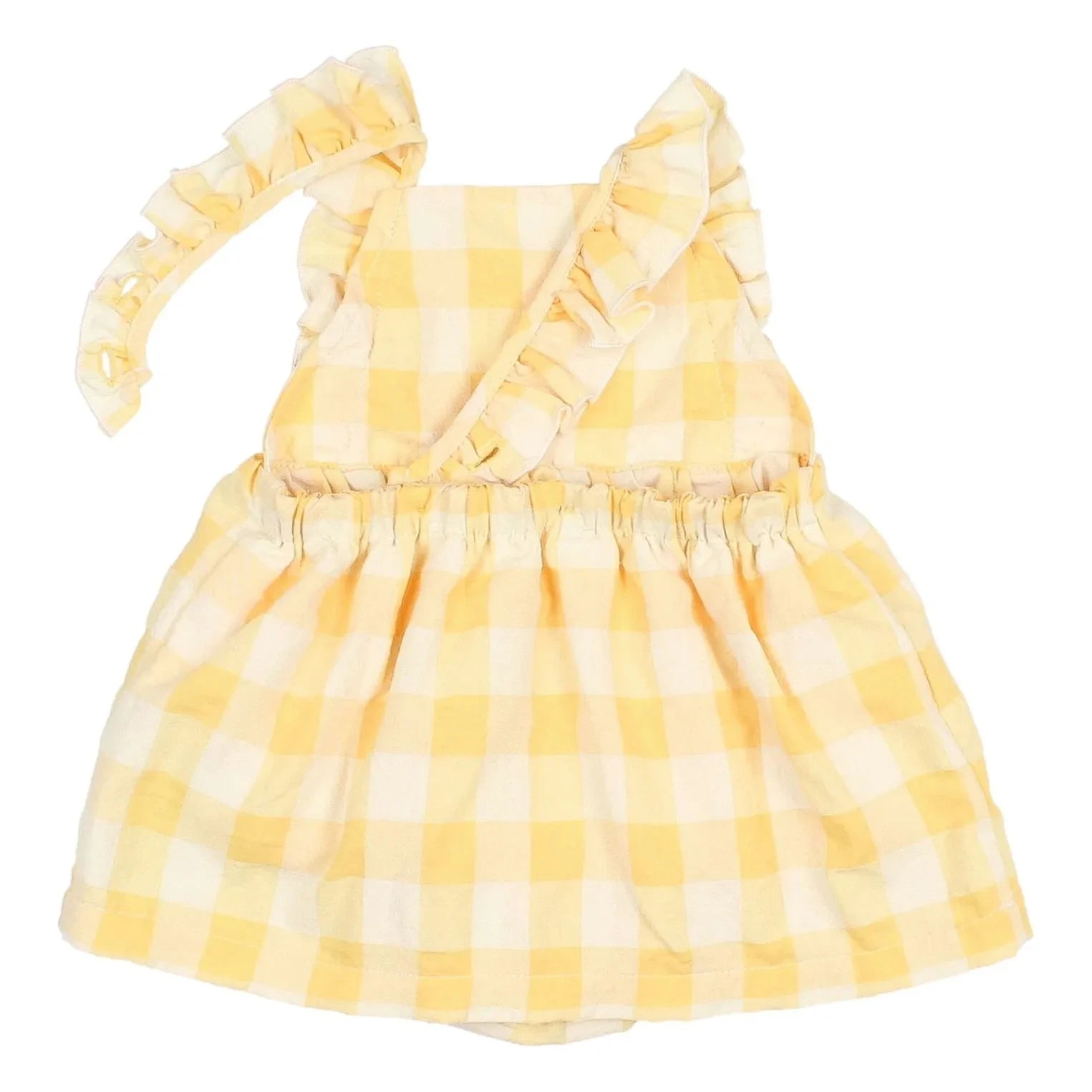 Búho - Vichy-Rüschen-Seersucker-Organik-Baumwoll-Overall-Kleid | Gelb