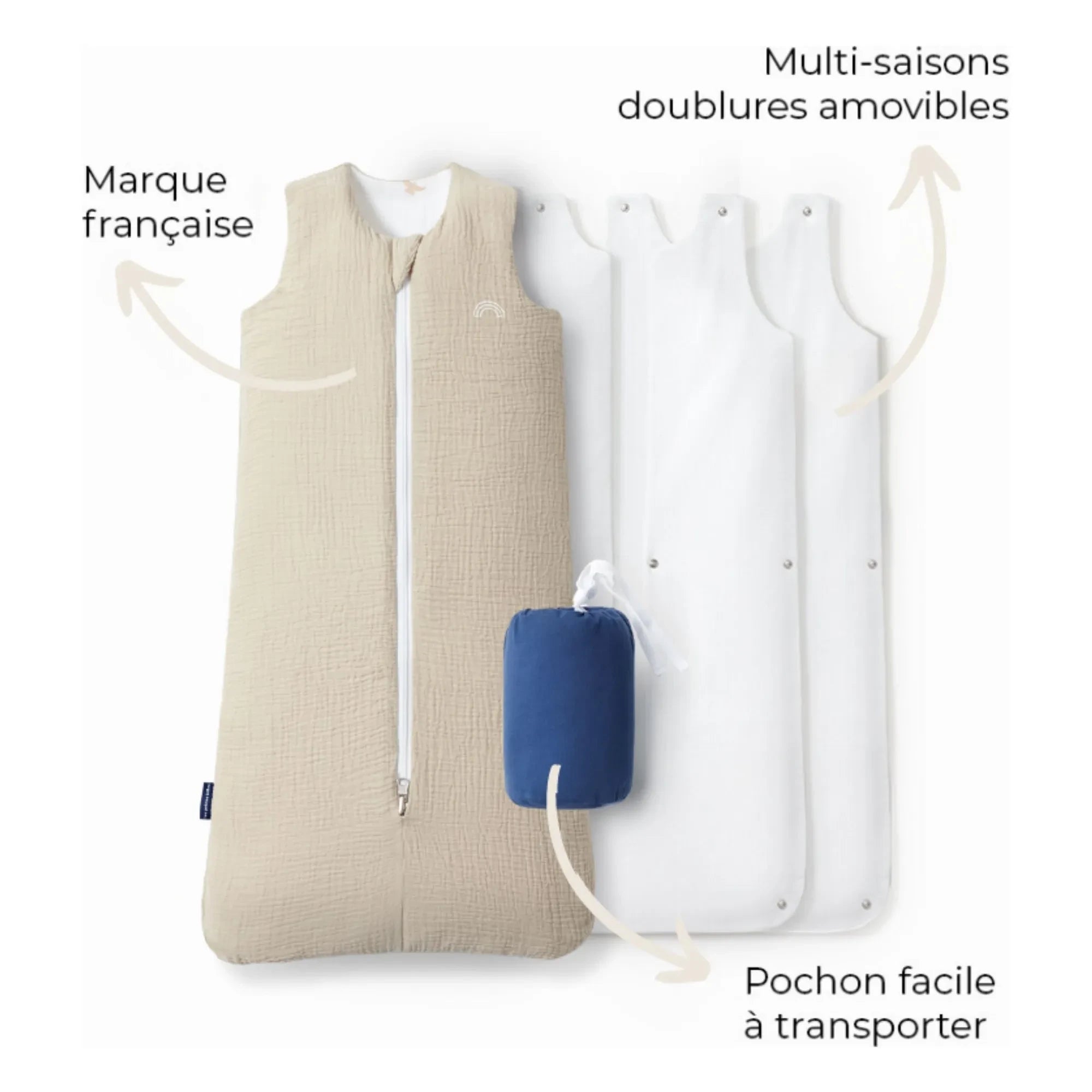 Les Petites Billes - Wendbarer ganzjähriger Schlafsack aus doppeltem Musselin | Beige