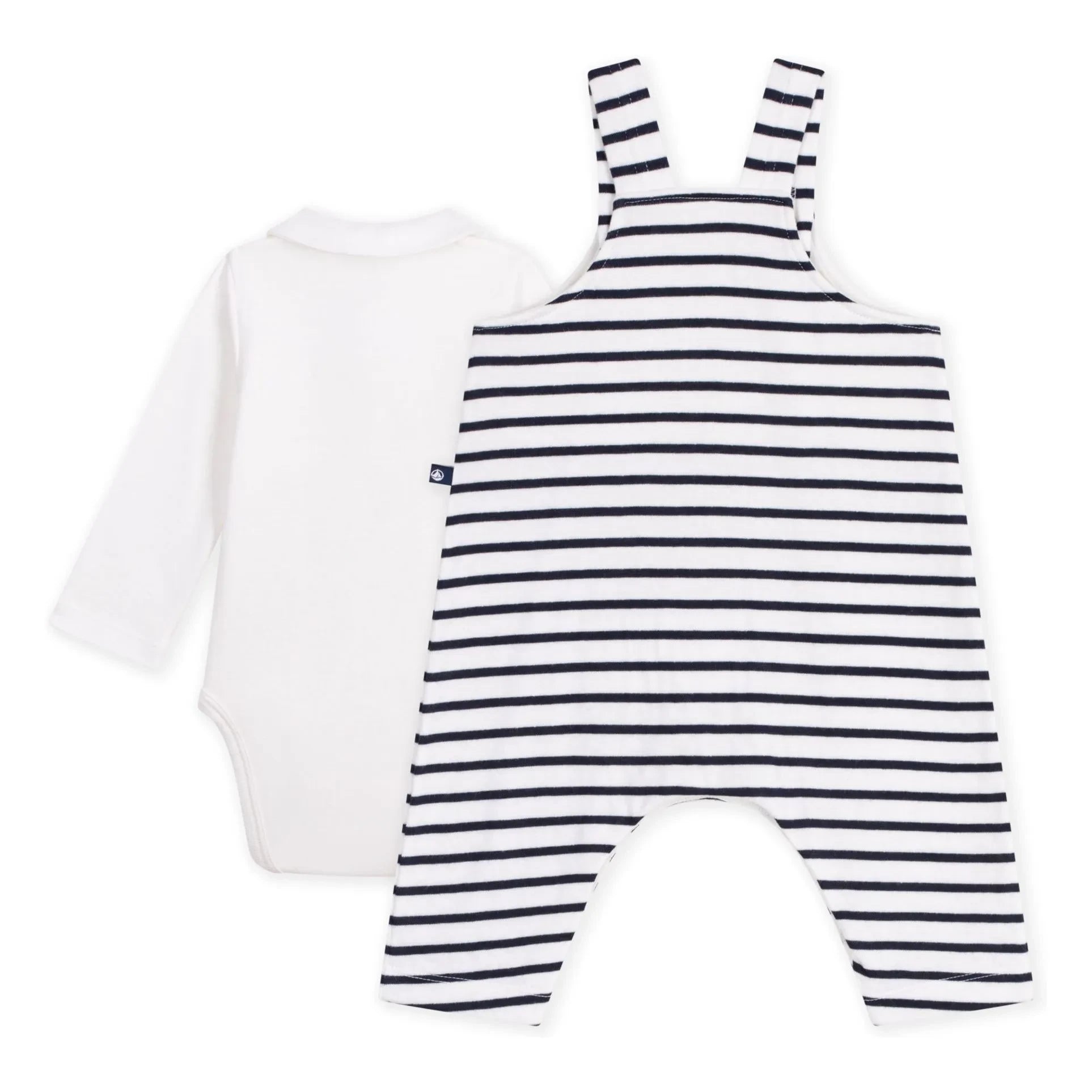 Petit Bateau - Organik pamuklu çizgili salopet ve body seti | Beyaz