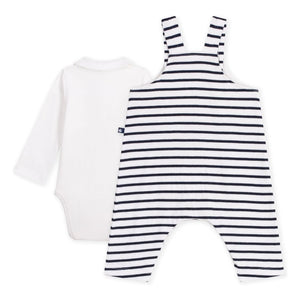 Petit Bateau - Organik pamuklu çizgili salopet ve body seti | Beyaz