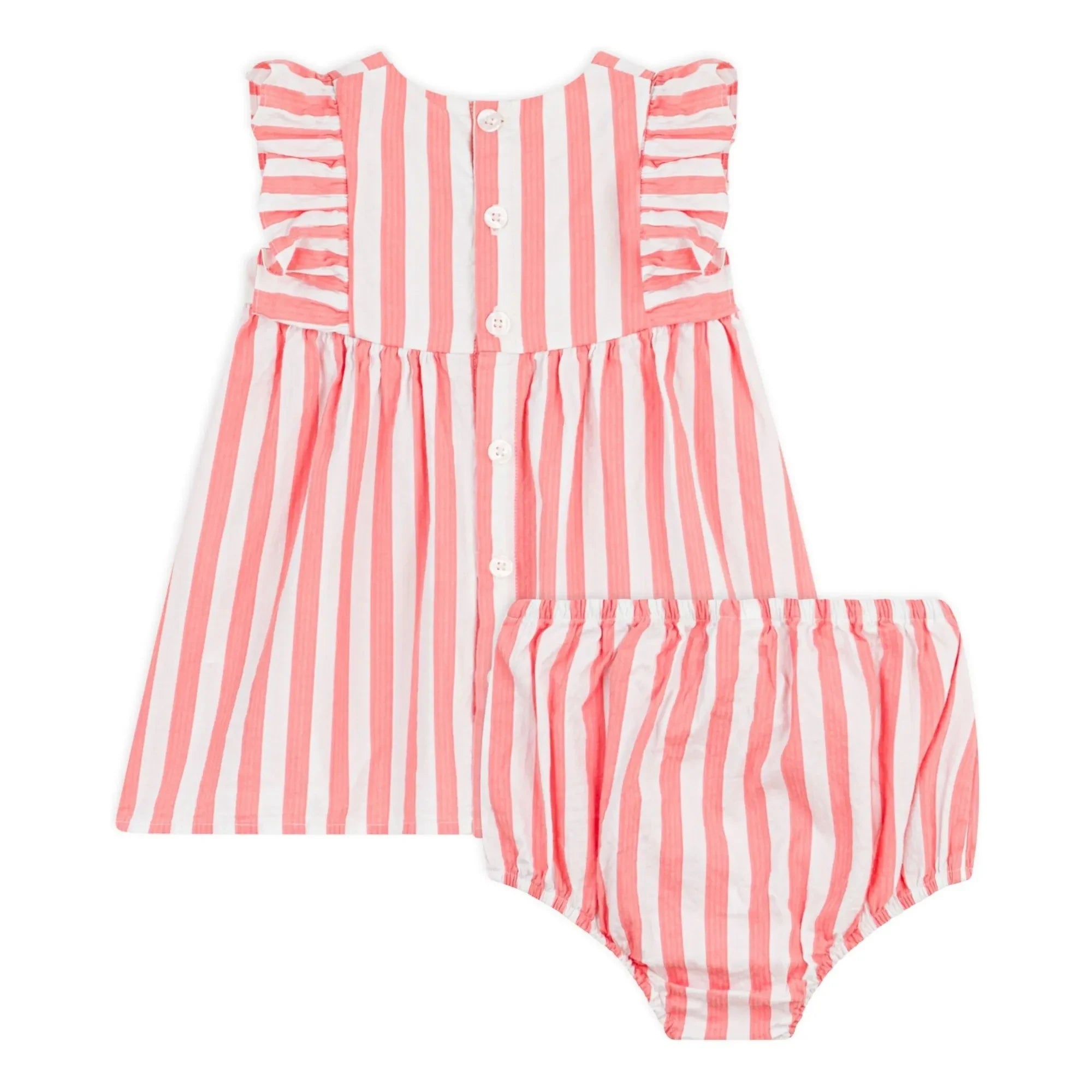 Petit Bateau - Gestreiftes Seersucker Kleid aus Bio-Baumwolle und Bloomer-Set | Koralle