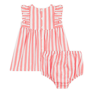 Petit Bateau - Gestreiftes Seersucker Kleid aus Bio-Baumwolle und Bloomer-Set | Koralle