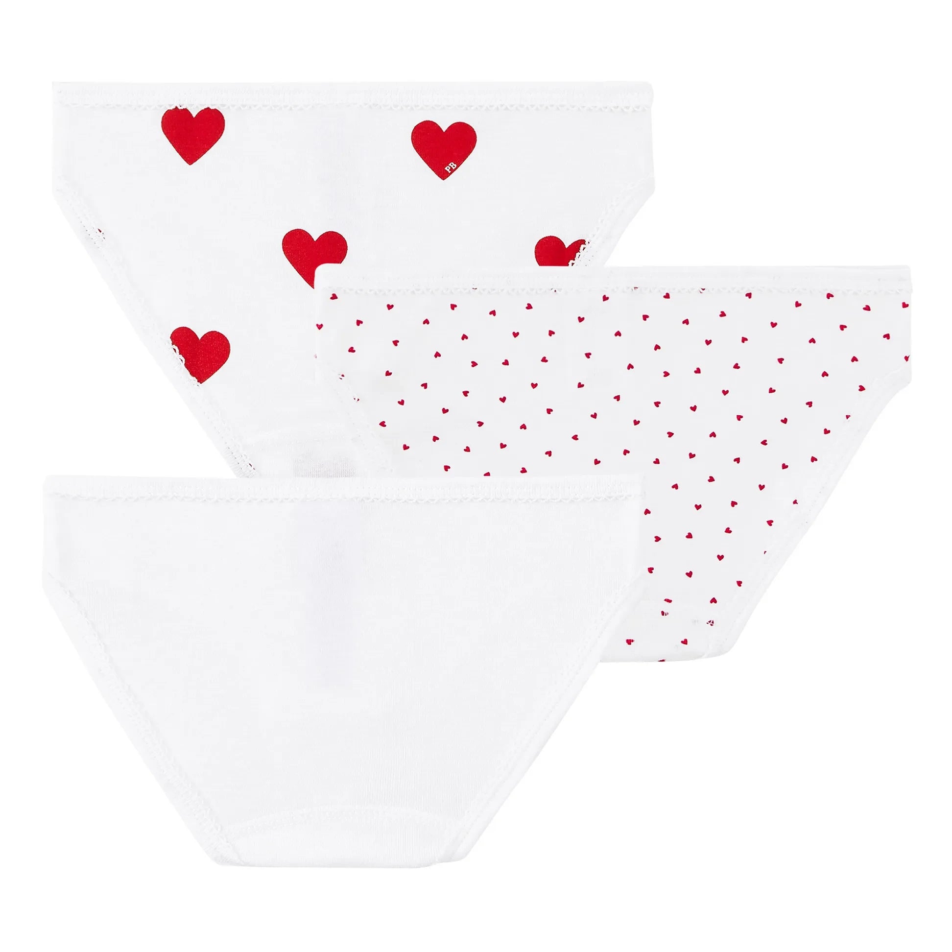 Petit Bateau - Packung mit 3 Slips aus Bio-Baumwolle mit Herzmuster | Weiß