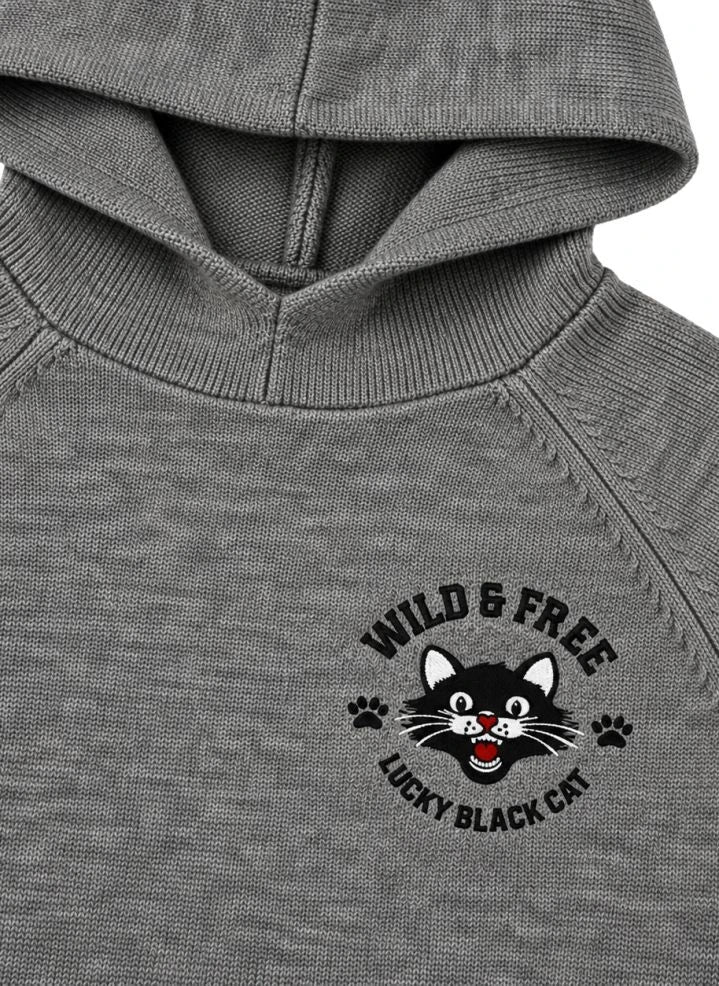 Finger in der Nase - Sofia Schwarze Katze Merinowolle Pullover | Grau Melange