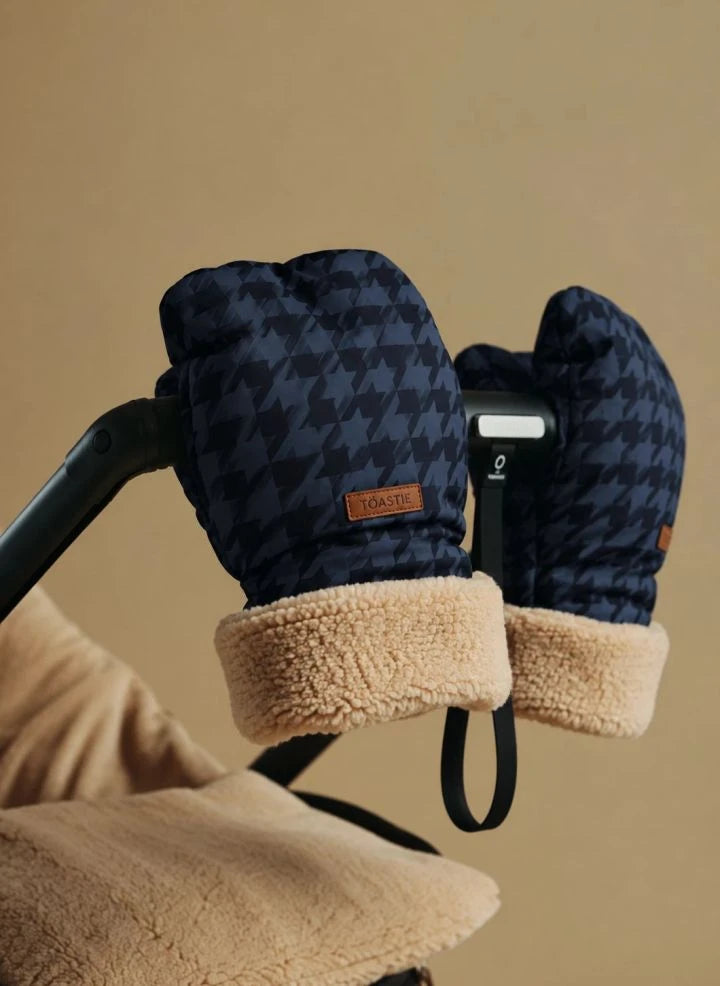 Töastie - Aus recyceltem, faserigem Hahnentritt-Muster gefertigte Kinderwagenhandschuhe | Marineblau
