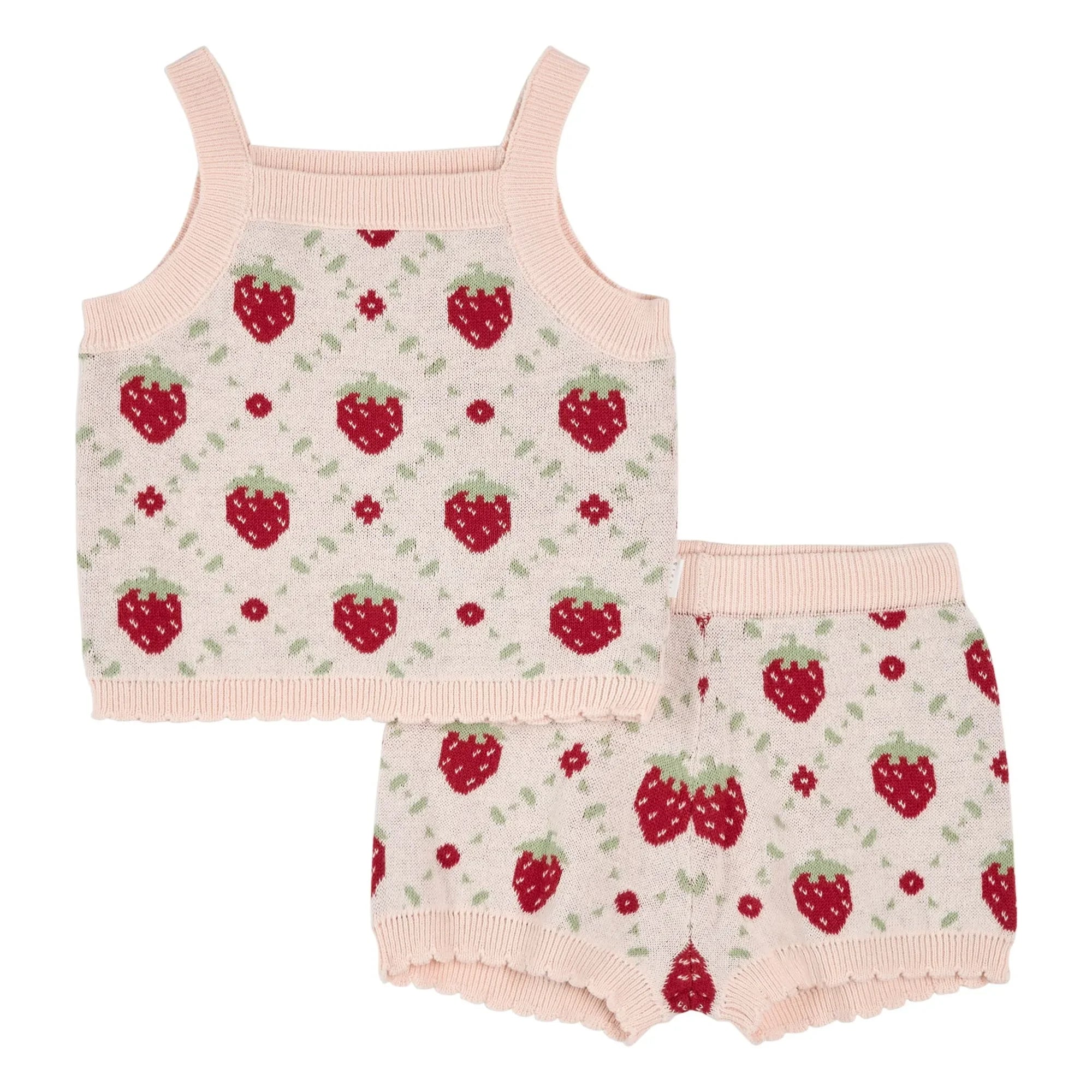 Petit Lem - Strick-Set aus Oberteil und Shorts aus Bio-Baumwolle mit Erdbeer-Print | Rosa