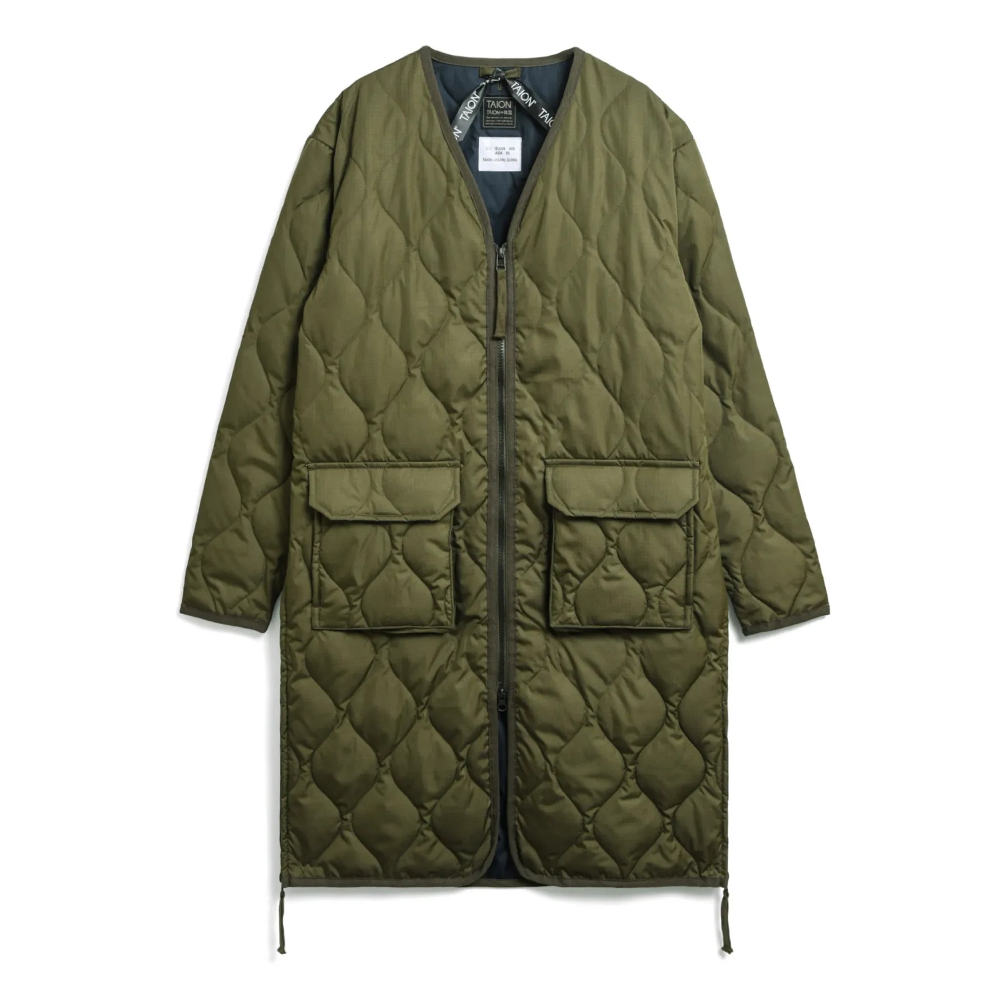 Taion - Militärischer Unisex Langer Steppmantel mit Reißverschluss | Olivgrün