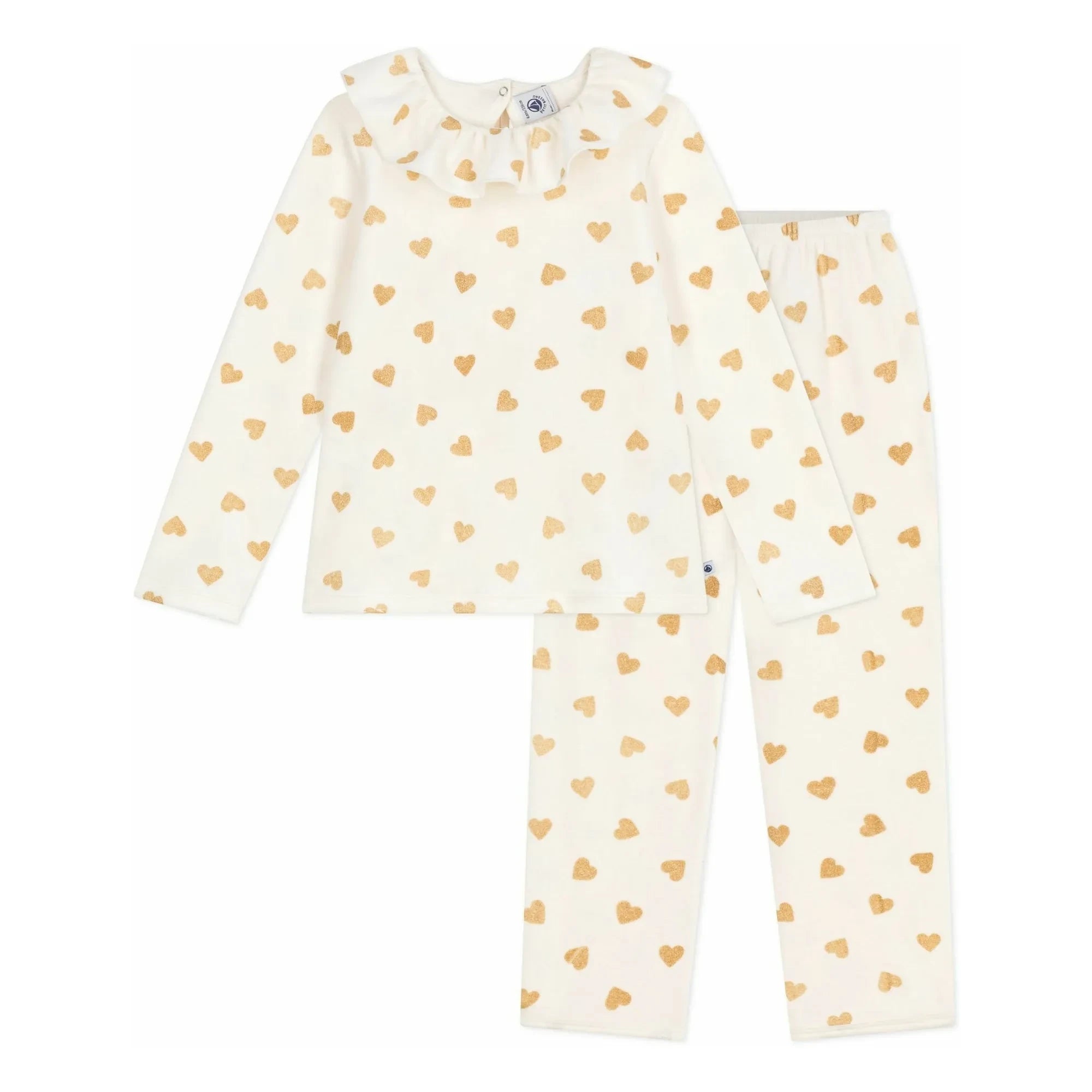 Petit Bateau - Fırfırlı Pijama Simli Kalpler Organik Pamuk | Ekru