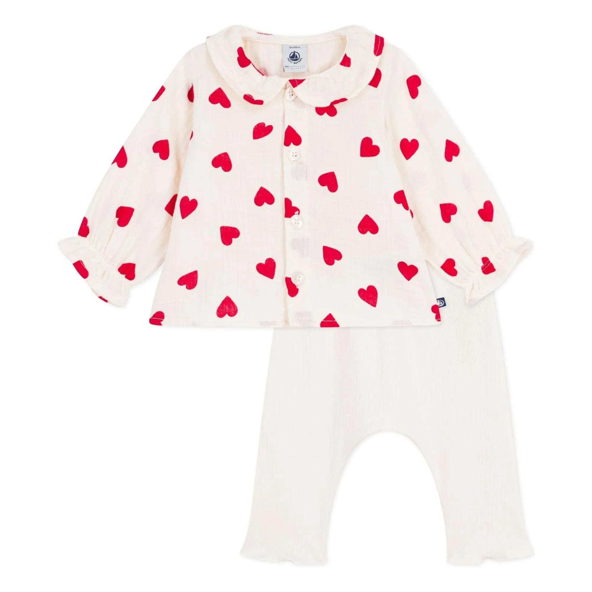 Petit Bateau - Gaze-Herzen-Bluse und Leggings-Set aus Bio-Baumwolle | Ecru