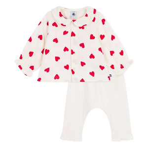 Petit Bateau - Gaze-Herzen-Bluse und Leggings-Set aus Bio-Baumwolle | Ecru