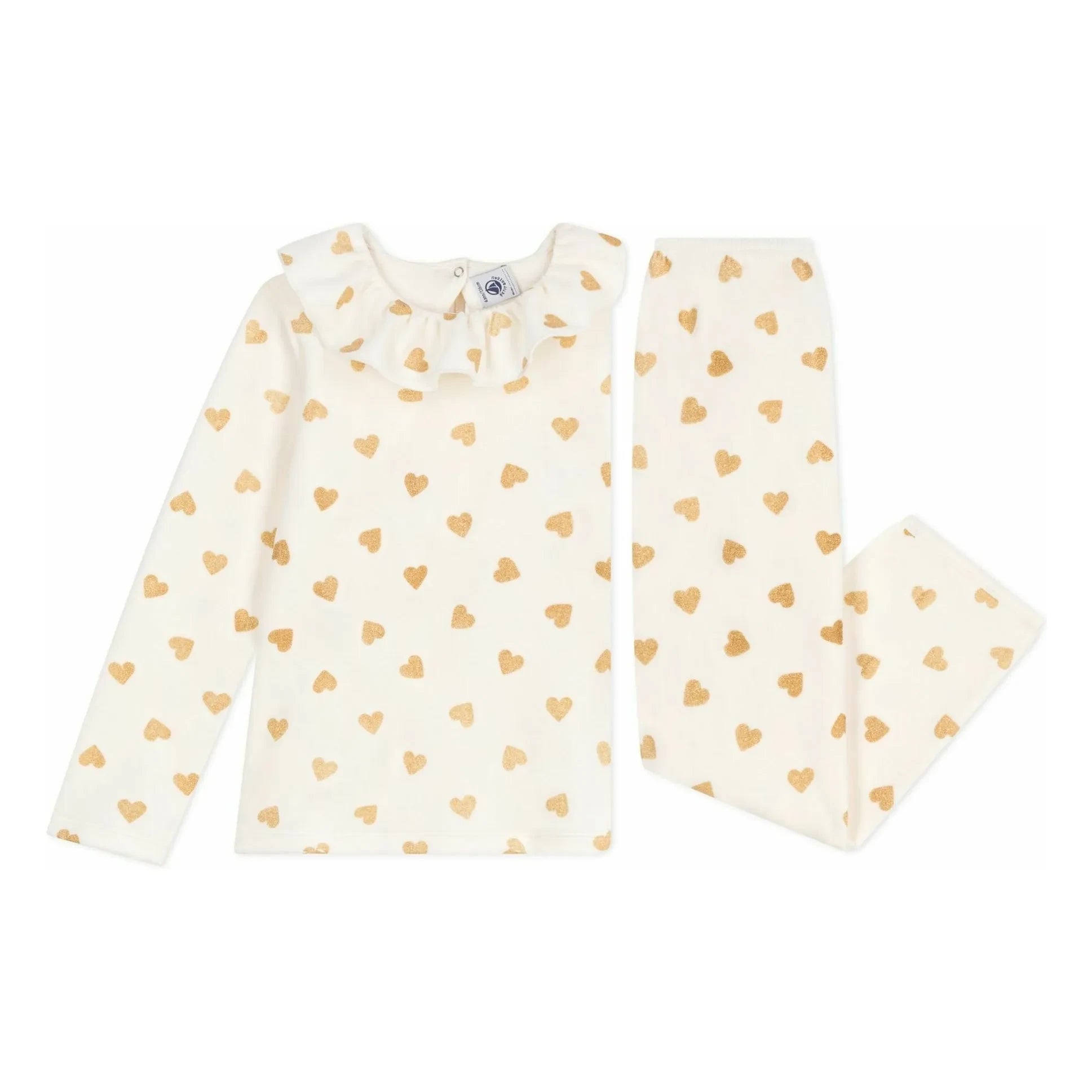 Petit Bateau - Fırfırlı Pijama Simli Kalpler Organik Pamuk | Ekru