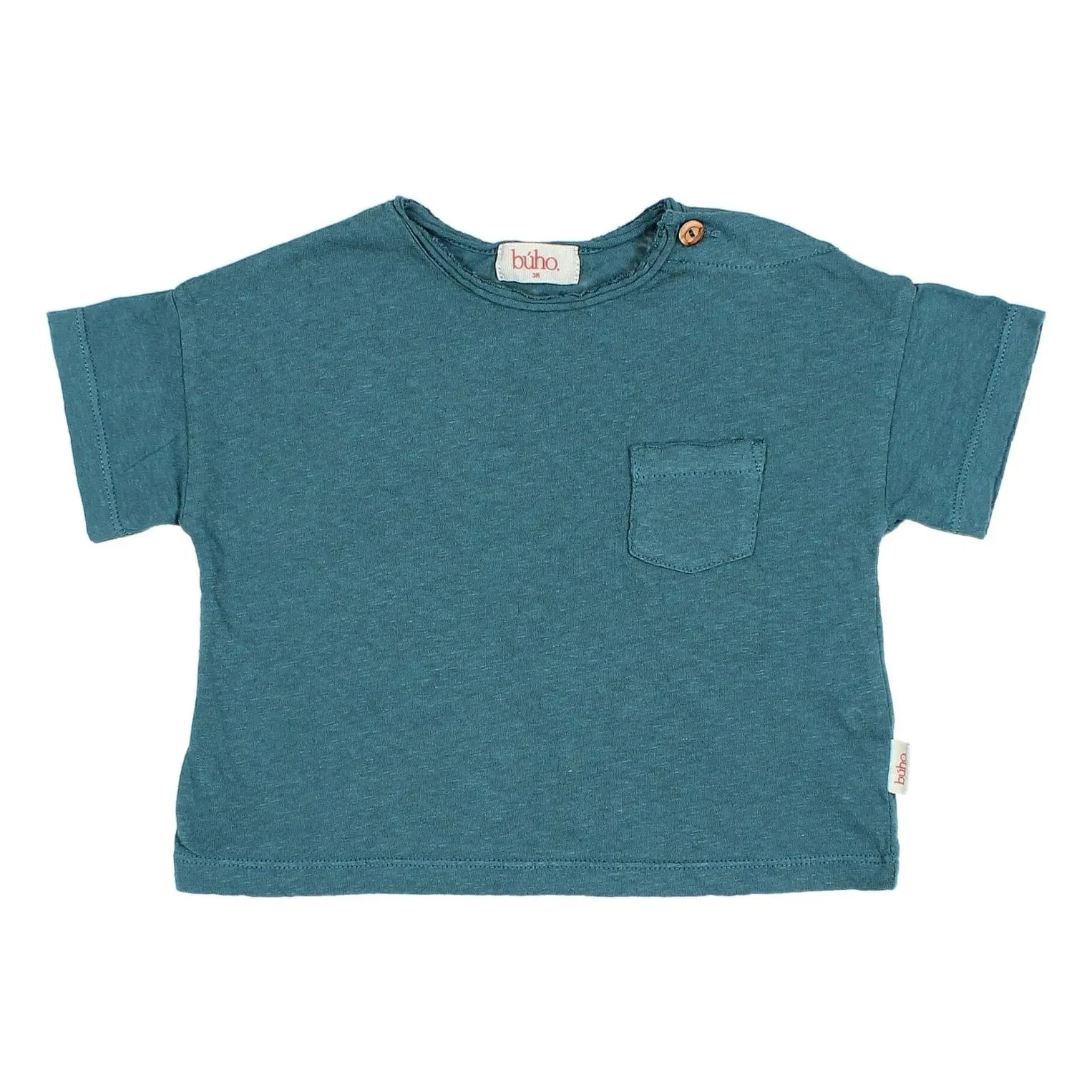 Búho - Leinen-T-Shirt mit Tasche | Pfauenblau