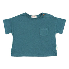 Búho - Leinen-T-Shirt mit Tasche | Pfauenblau