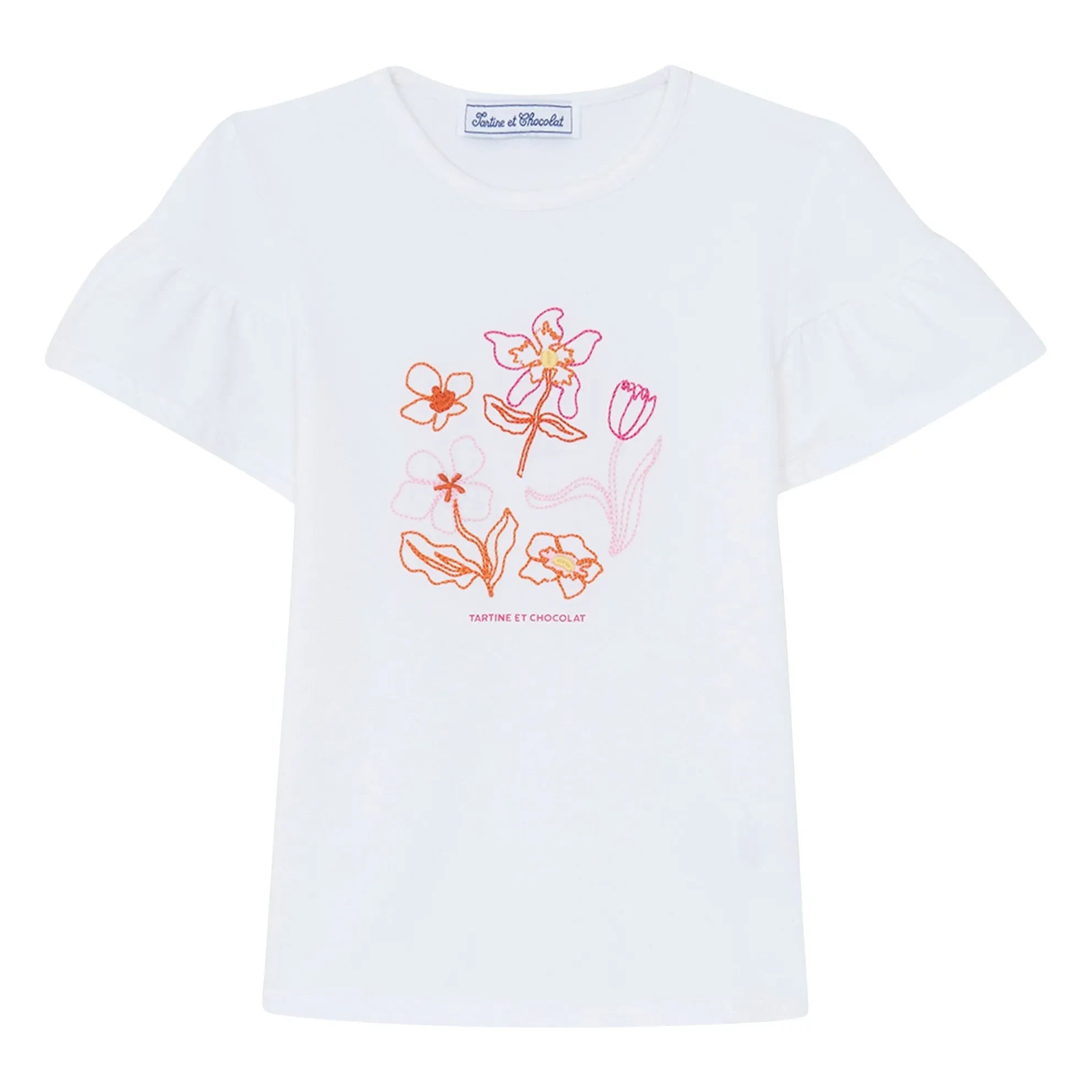 Tartine et Chocolat - Blumenstickerei Ballonärmel T-Shirt | Weiß