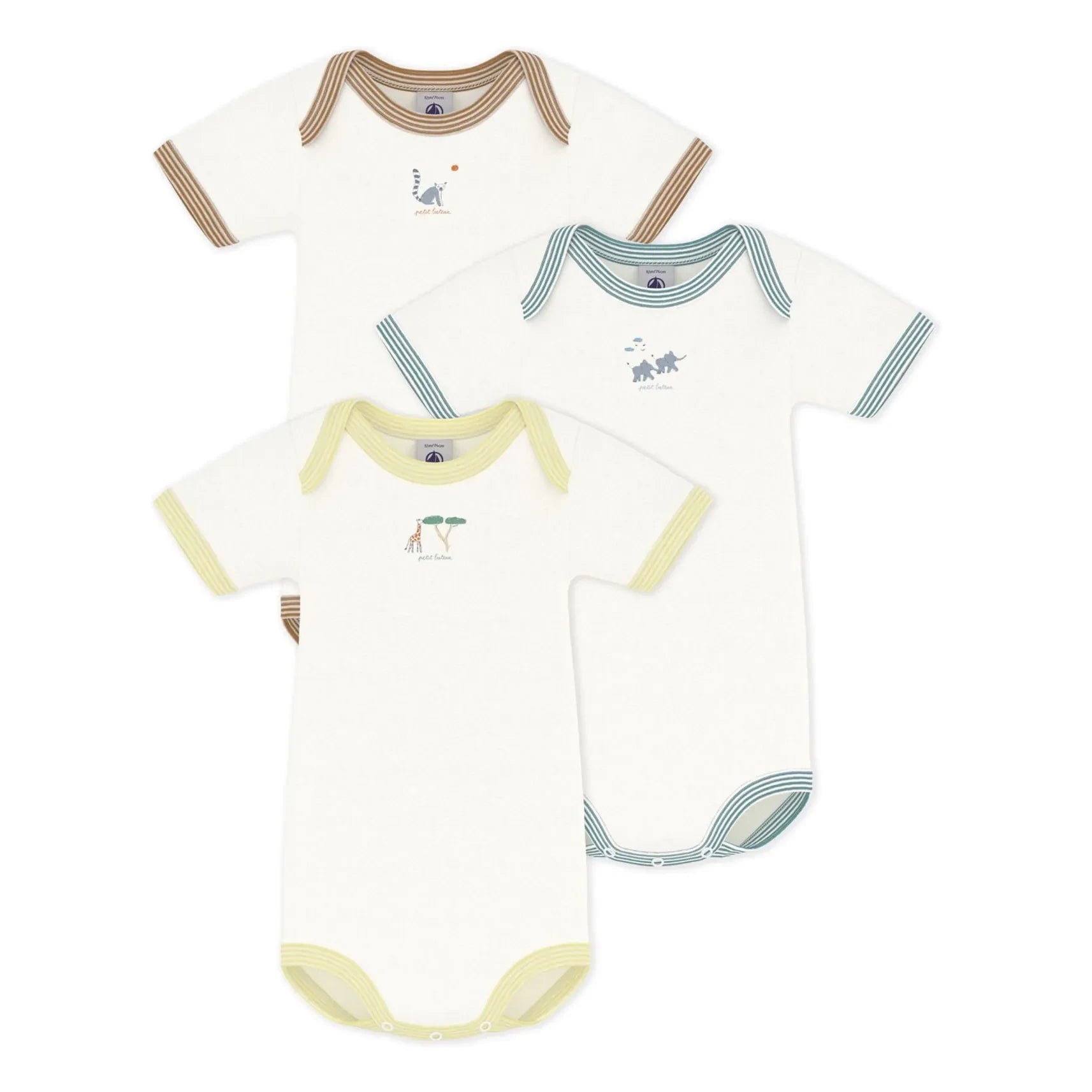 Petit Bateau – Strampler „Tiere“ aus Bio-Baumwolle, 3er-Pack | Weiß