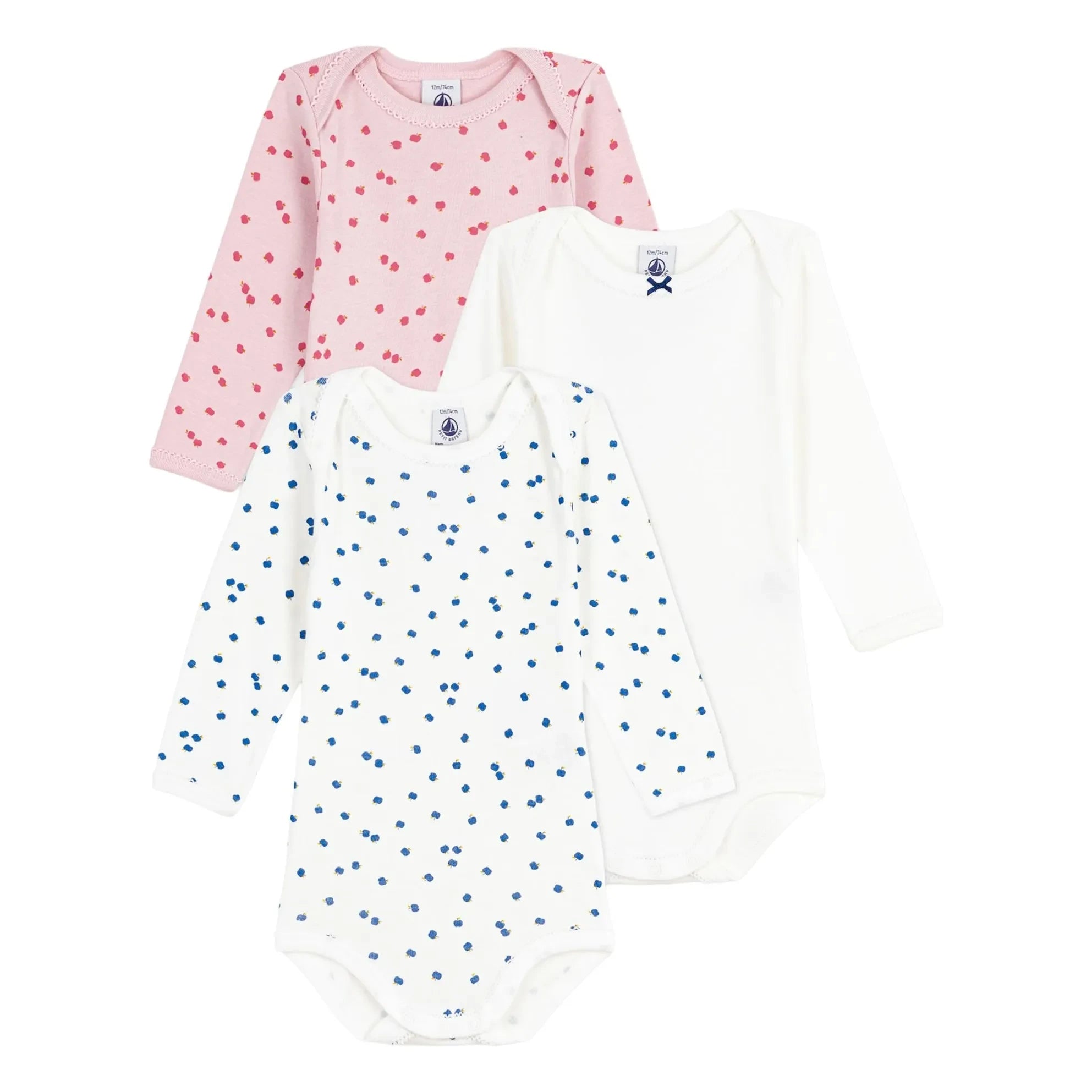 Petit Bateau - Batch 3 Bodies aus Bio-Baumwolle mit Apfelmuster | Ecru