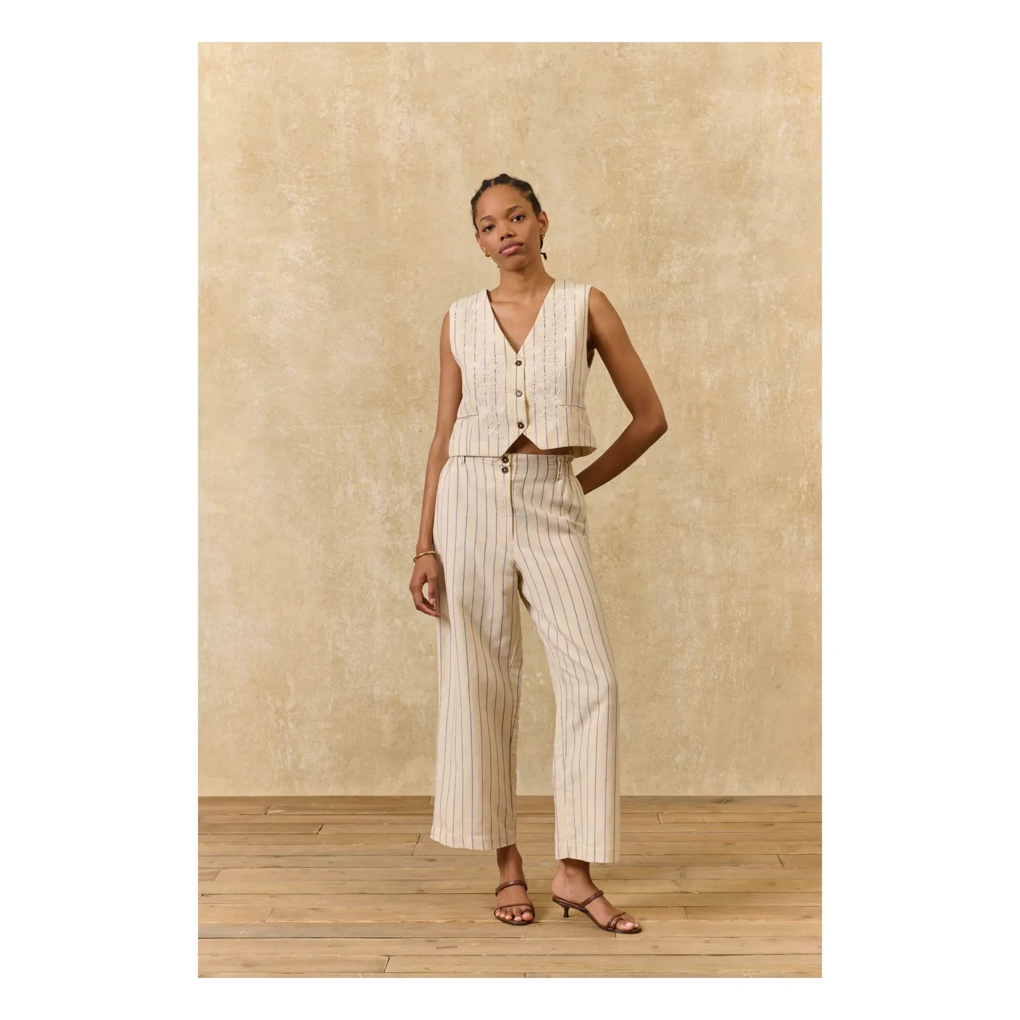 Louise Misha - Franckie Gestreifte Leinen-Baumwoll-Weste | Creme