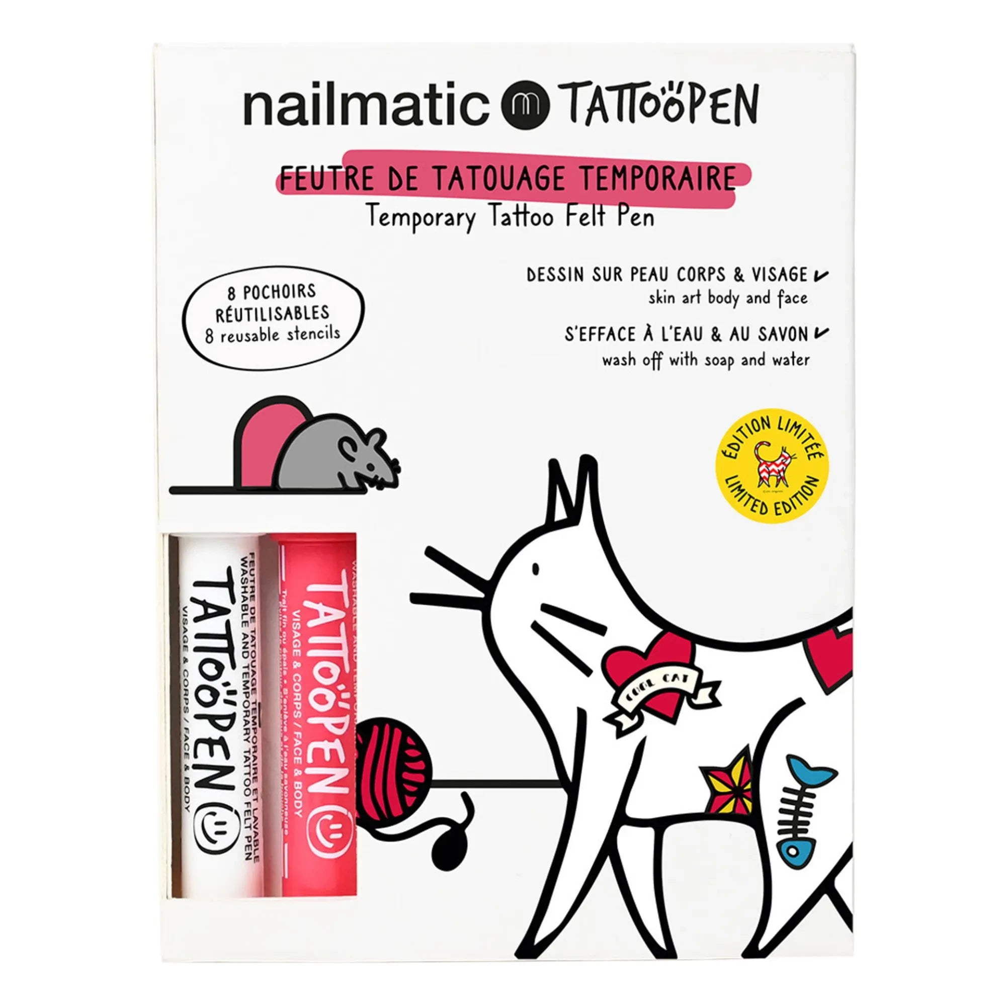 Nailmatic Kids - Katze x AMI IMAGINAIRE Tattoopen und wiederverwendbares Schablonen-Duo-Set