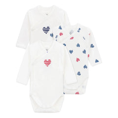 Petit Bateau - 3er-Set Gestreifte Herzen Baby-Bodys aus Bio-Baumwolle | Ecru
