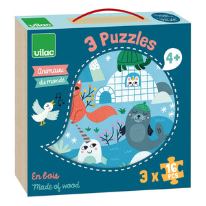 Vilac - Tiere der Welt 3-teiliges Puzzle-Set - 16 Teile