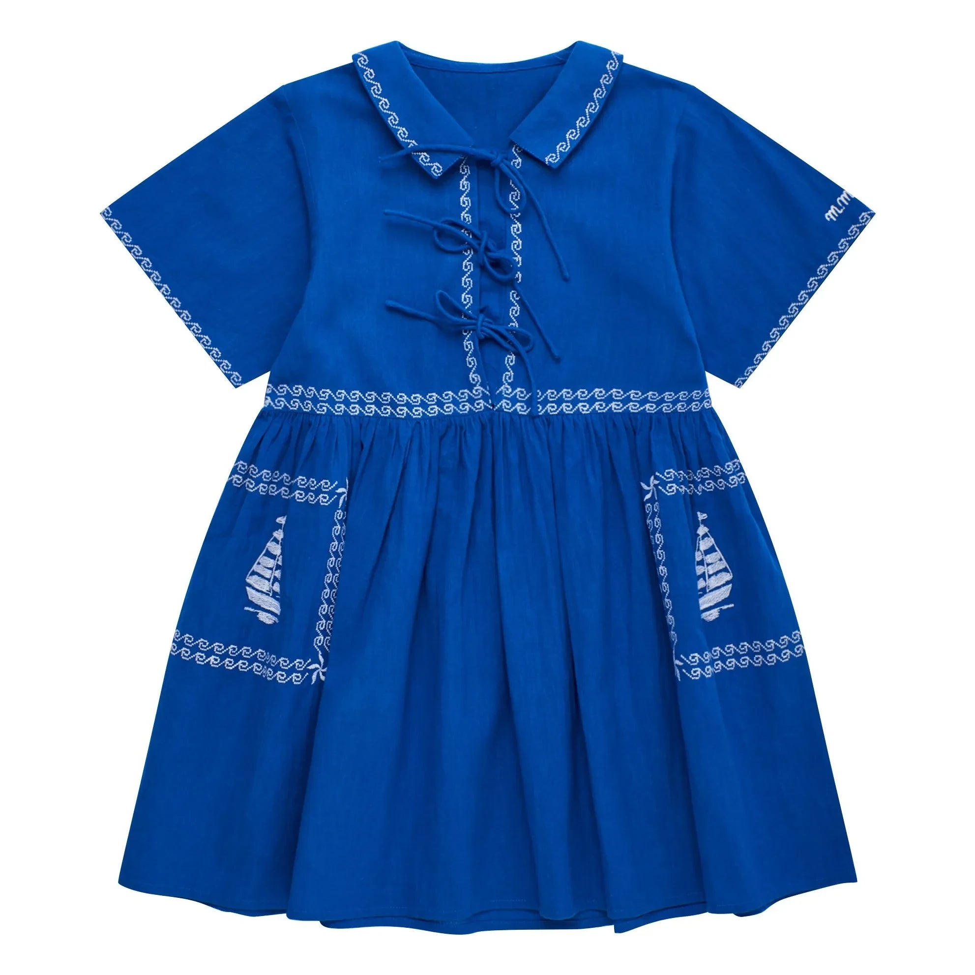 Maison Mangostan - Blaues Besticktes Voiles Kleid