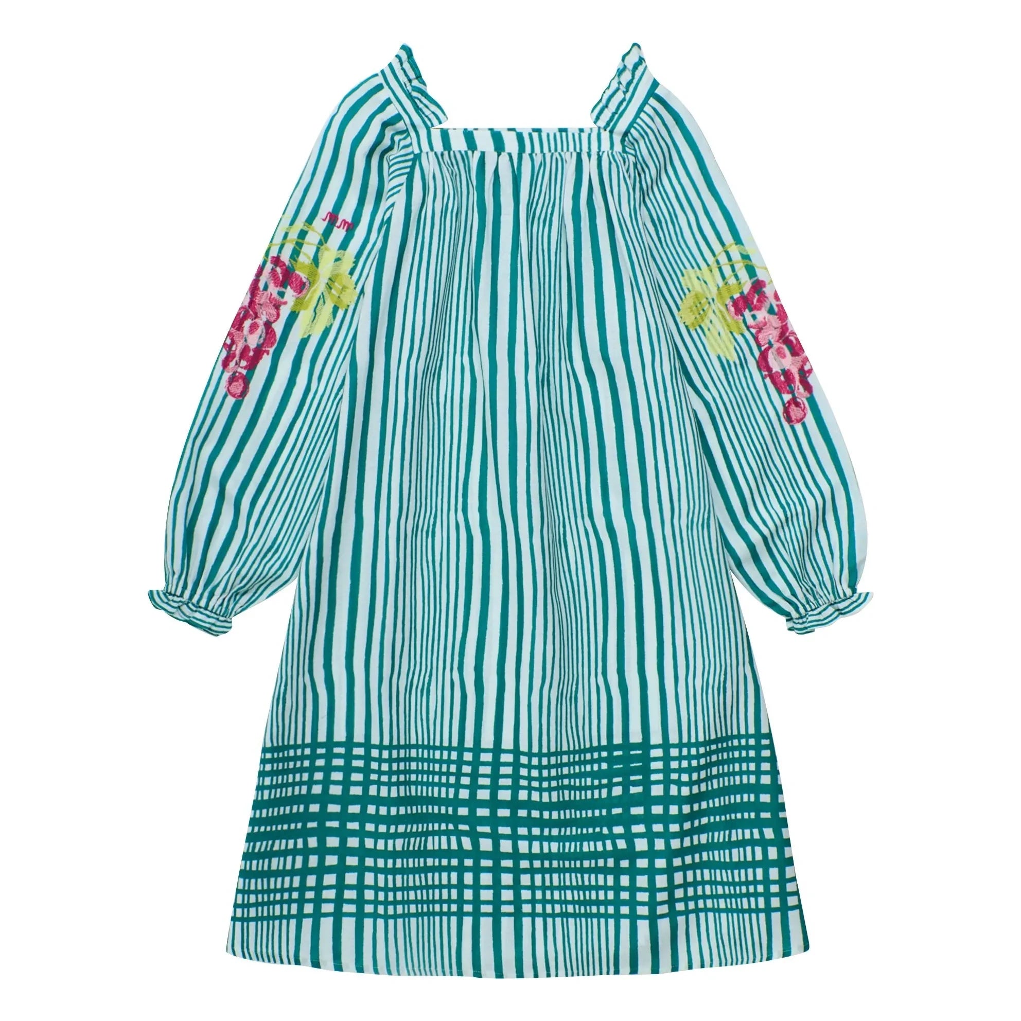 Maison Mangostan - Gestreiftes Kleid mit Ballonärmeln | Grün