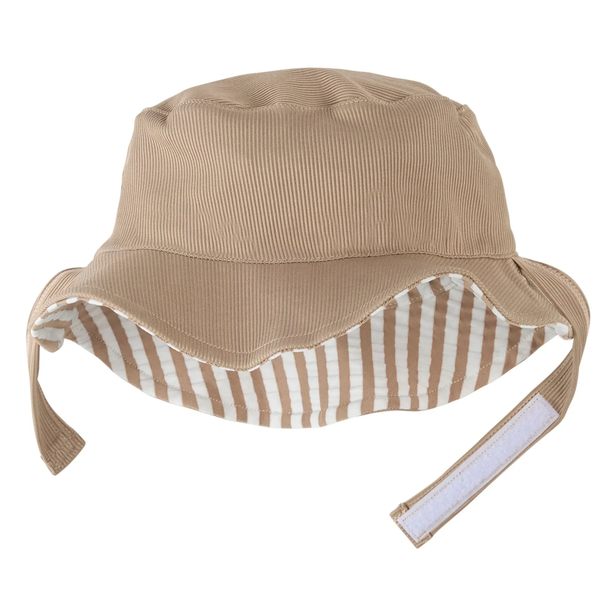 Petit Lem – Wendbarer Anti-UV-Ringel-Seersucker-Hut aus recycelten Fasern | Beige