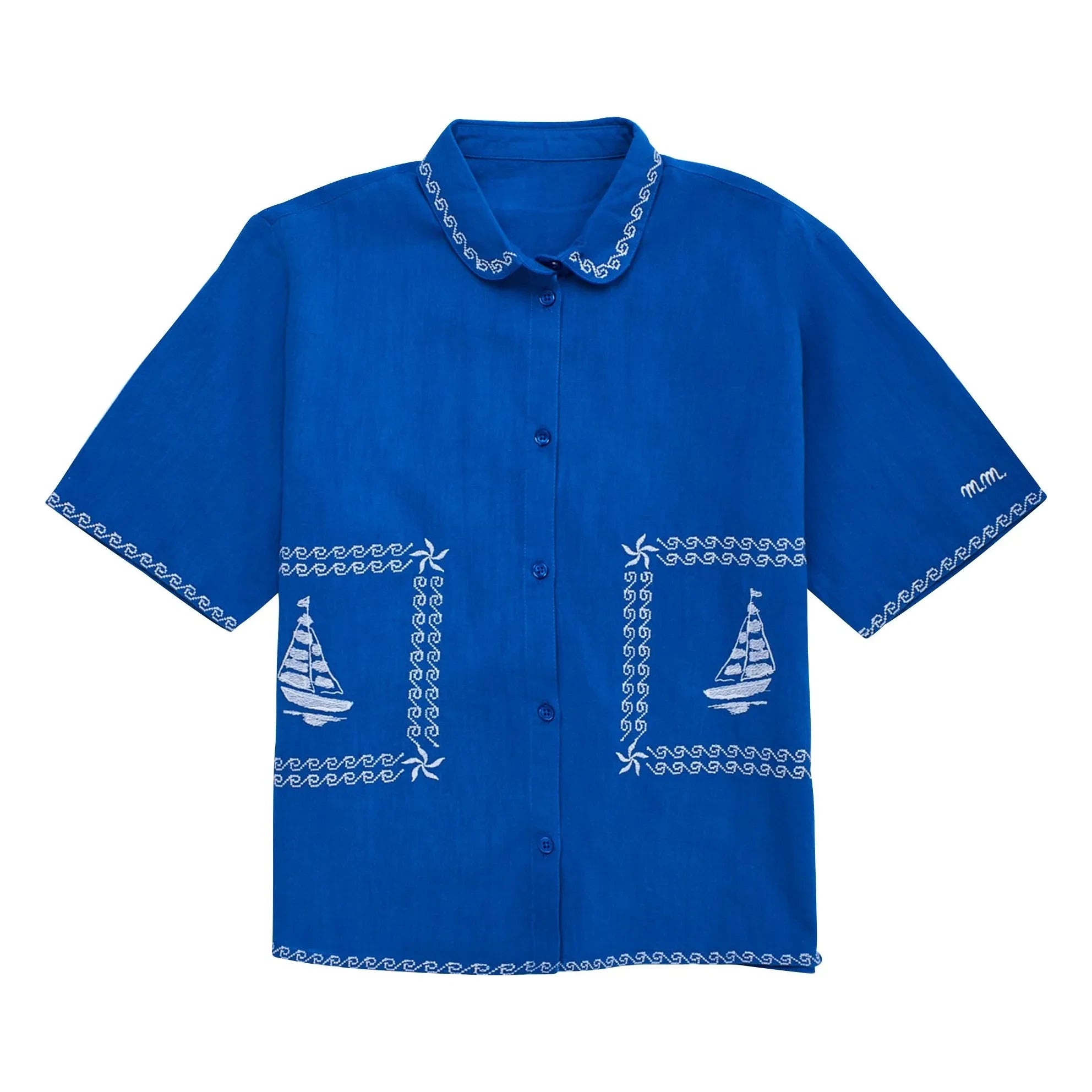 Maison Mangostan – Blau besticktes Voiles-Hemd
