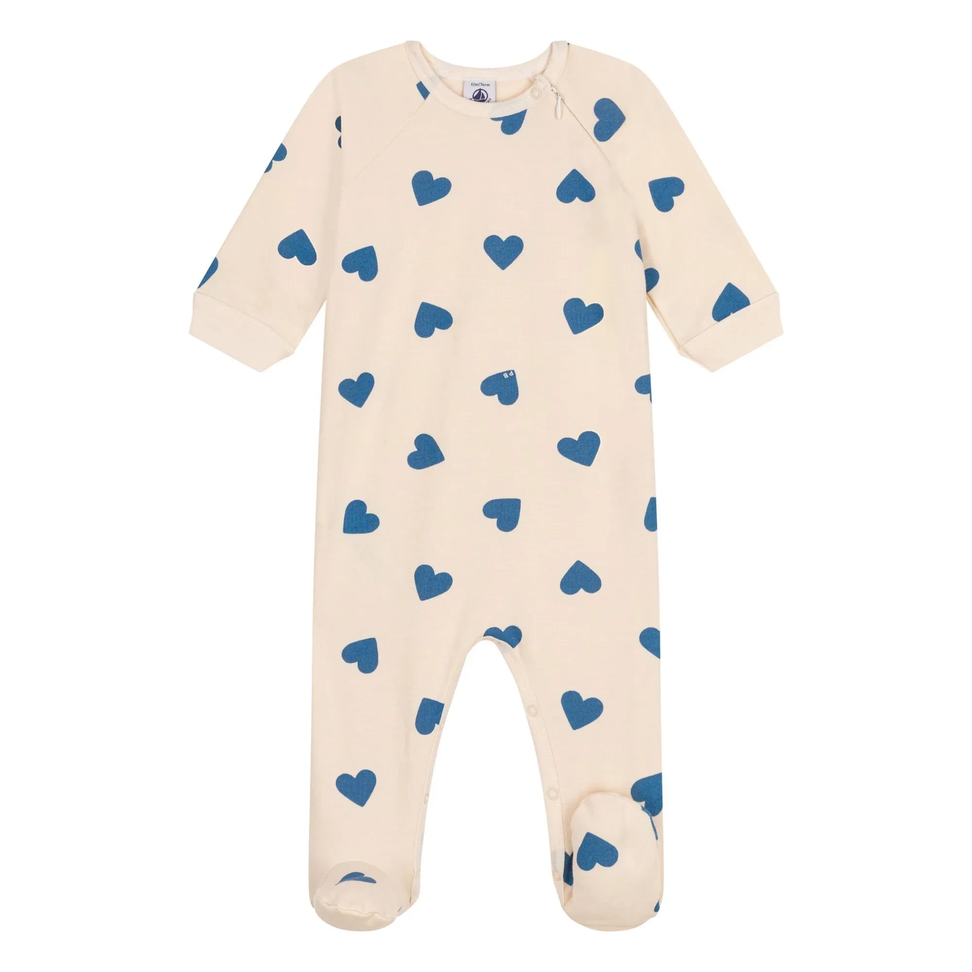 Petit Bateau - Kapuzen-Fleece-Schlafanzug mit Reißverschluss und Herzmuster | Beige