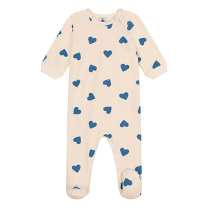 Petit Bateau - Kapuzen-Fleece-Schlafanzug mit Reißverschluss und Herzmuster | Beige
