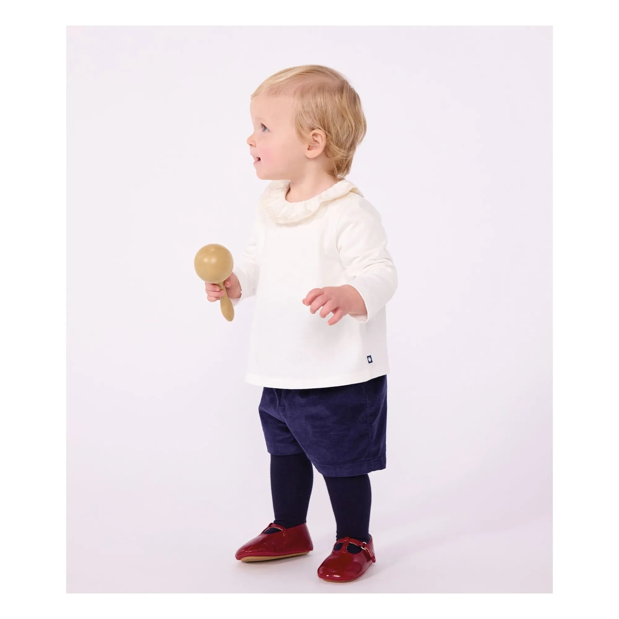 Petit Bateau - Organik pamuklu fırfırlı yakalı T-shirt | Beyaz