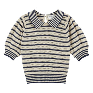Emile et Ida – Gestreifter Pullover aus Bio-Baumwolle mit Lochmuster | Marineblau