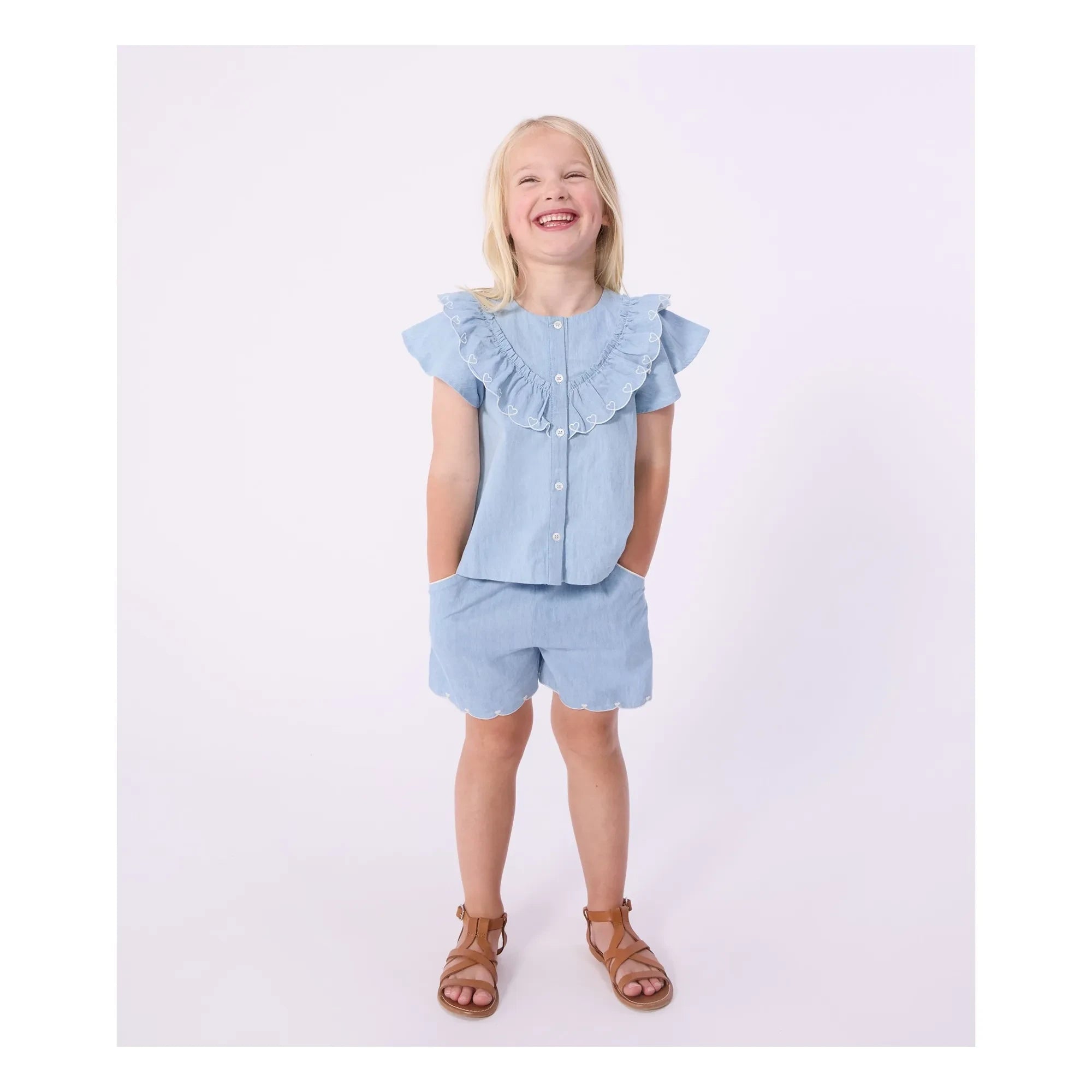 Petit Bateau - Shorts aus Bio-Baumwoll-Chambray mit Herzmuster | Hellblau