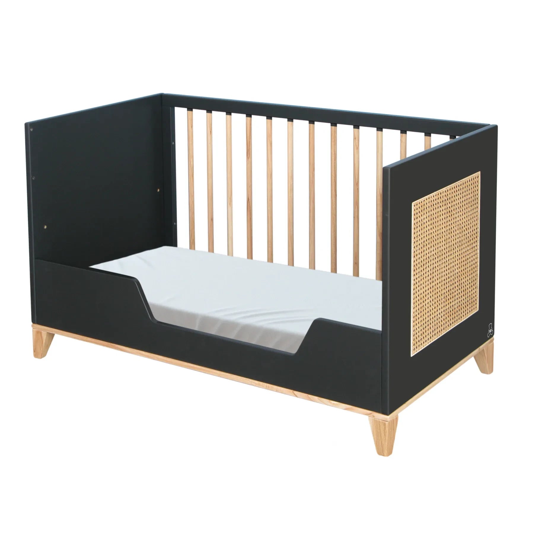Théo - Nami Sedir ve Hasır Örgü Bebek Yatağı 60x120cm | Siyah
