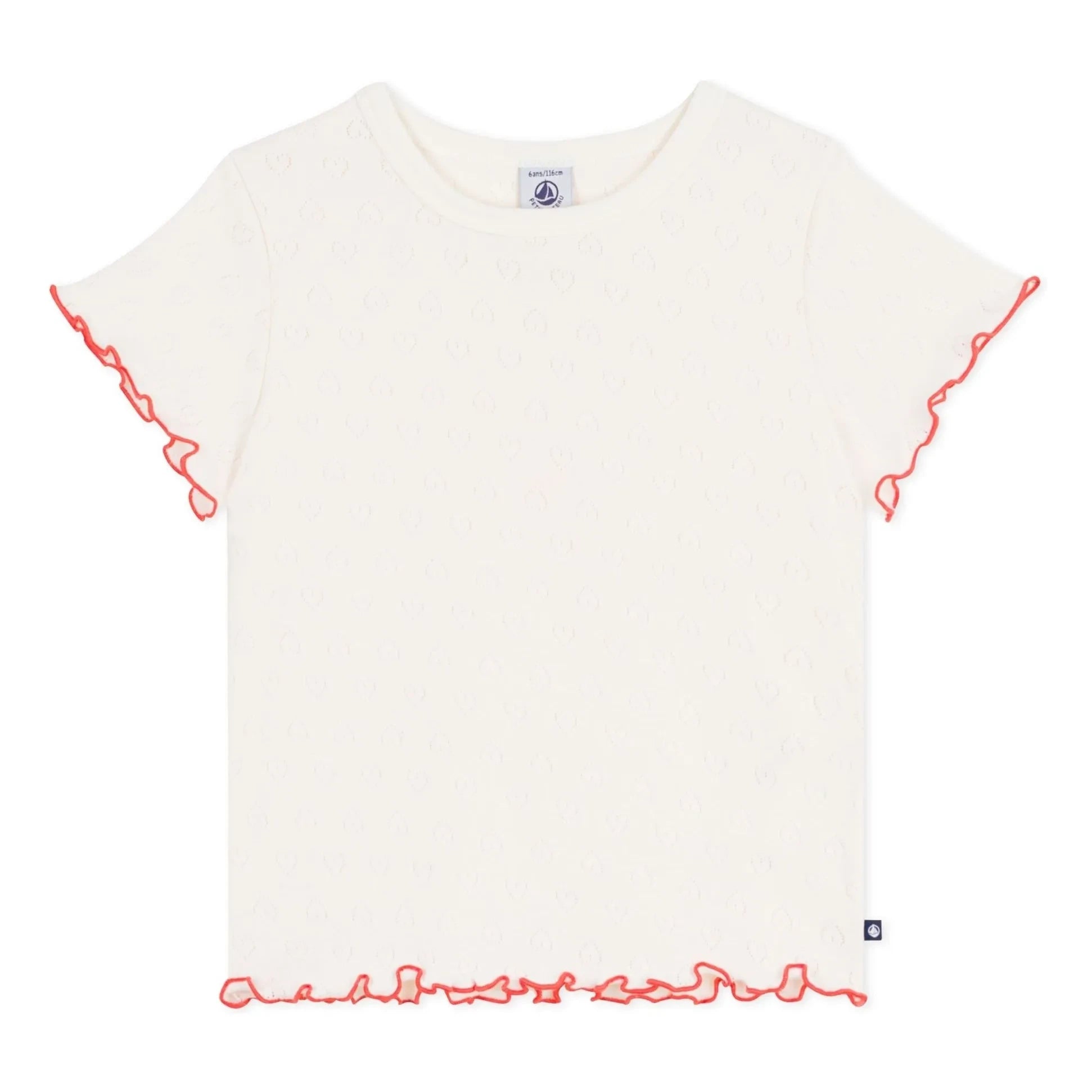 Petit Bateau - T-Shirt mit Ajurmuster, Rüschen und Herzen | Ecru