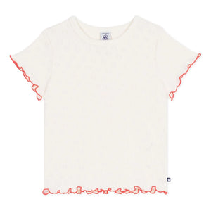 Petit Bateau - T-Shirt mit Ajurmuster, Rüschen und Herzen | Ecru
