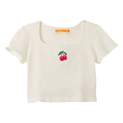 Fabula - Geripptes Kirschmuster-T-Shirt | Weiß