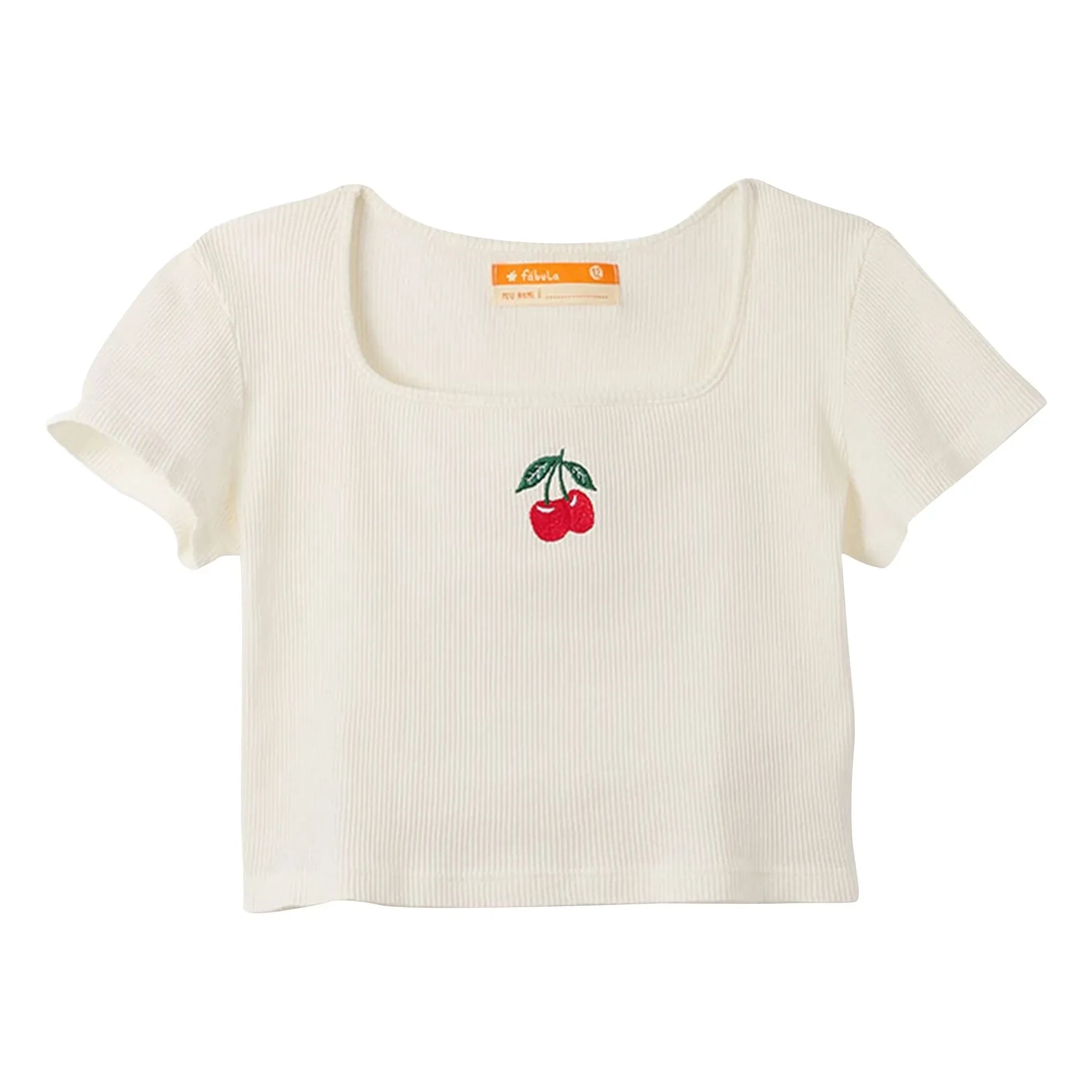 Fabula - Geripptes Kirschmuster-T-Shirt | Weiß