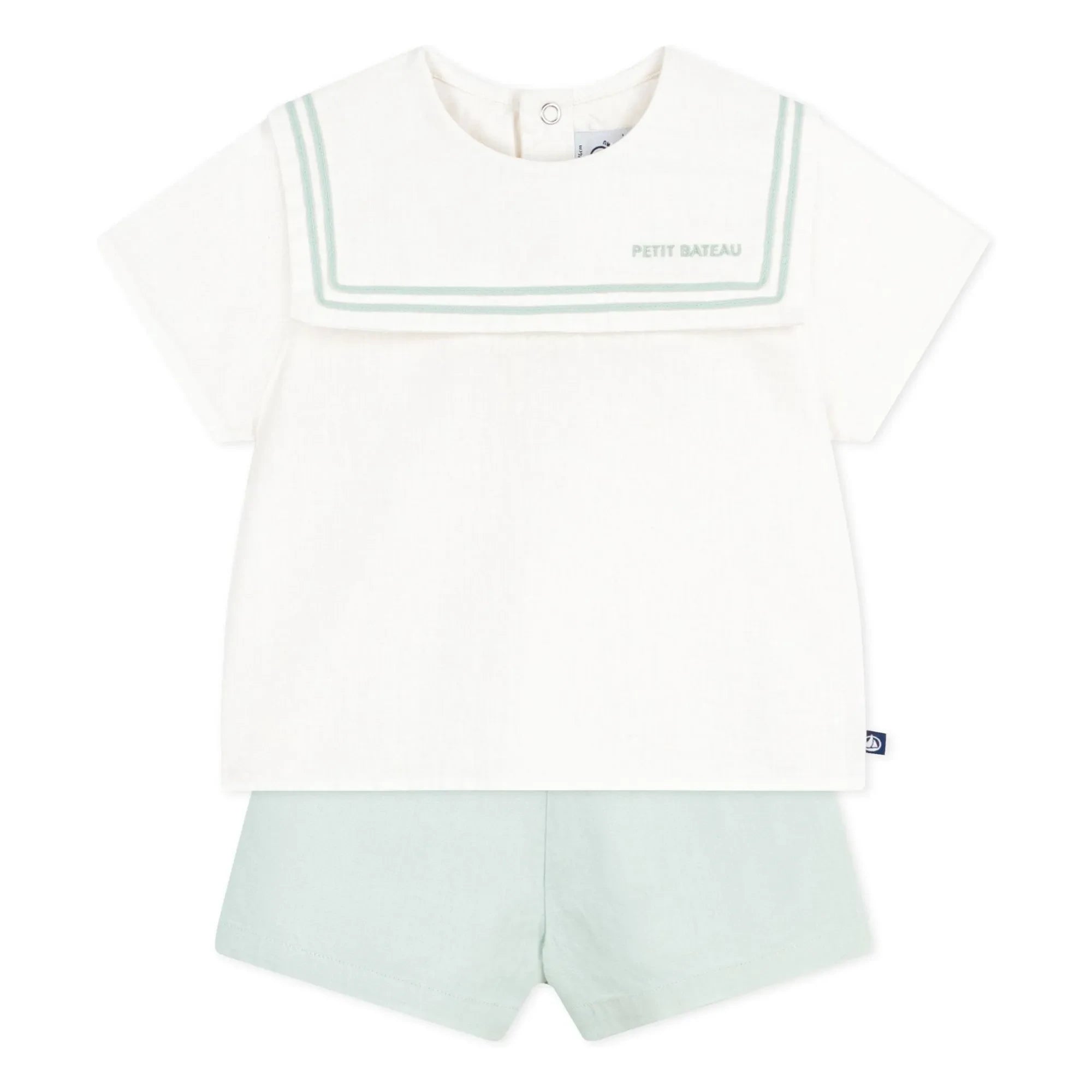 Petit Bateau - Dunkelblaues Kragen-Oberteil und Leinen-Shorts Set | Salbeigrün
