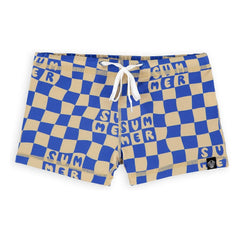 Beach & Bandits - Blau karierte Sommer-UV-Schutz-Badeshorts aus recycelten Fasern