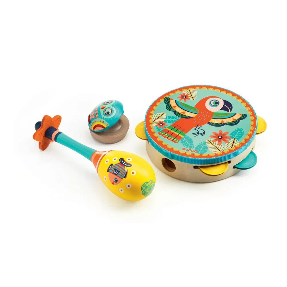 Djeco - Kastagnetten, Maracas und Tamburin Set