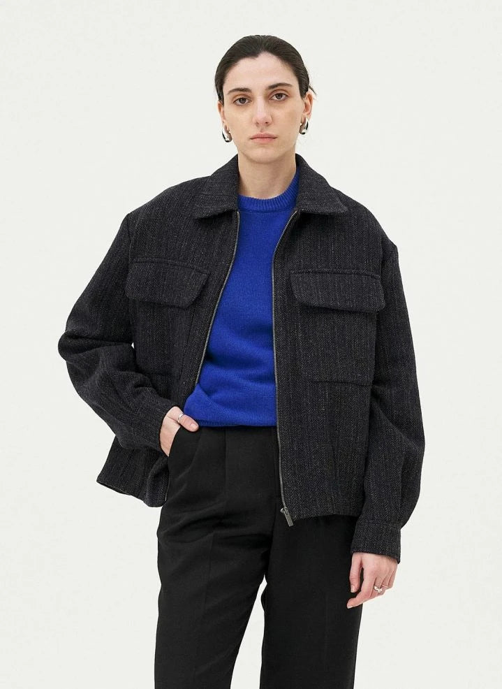 Noyoco - Kinsale Fischgrät-Recycelte Wolljacke | Dunkelblau