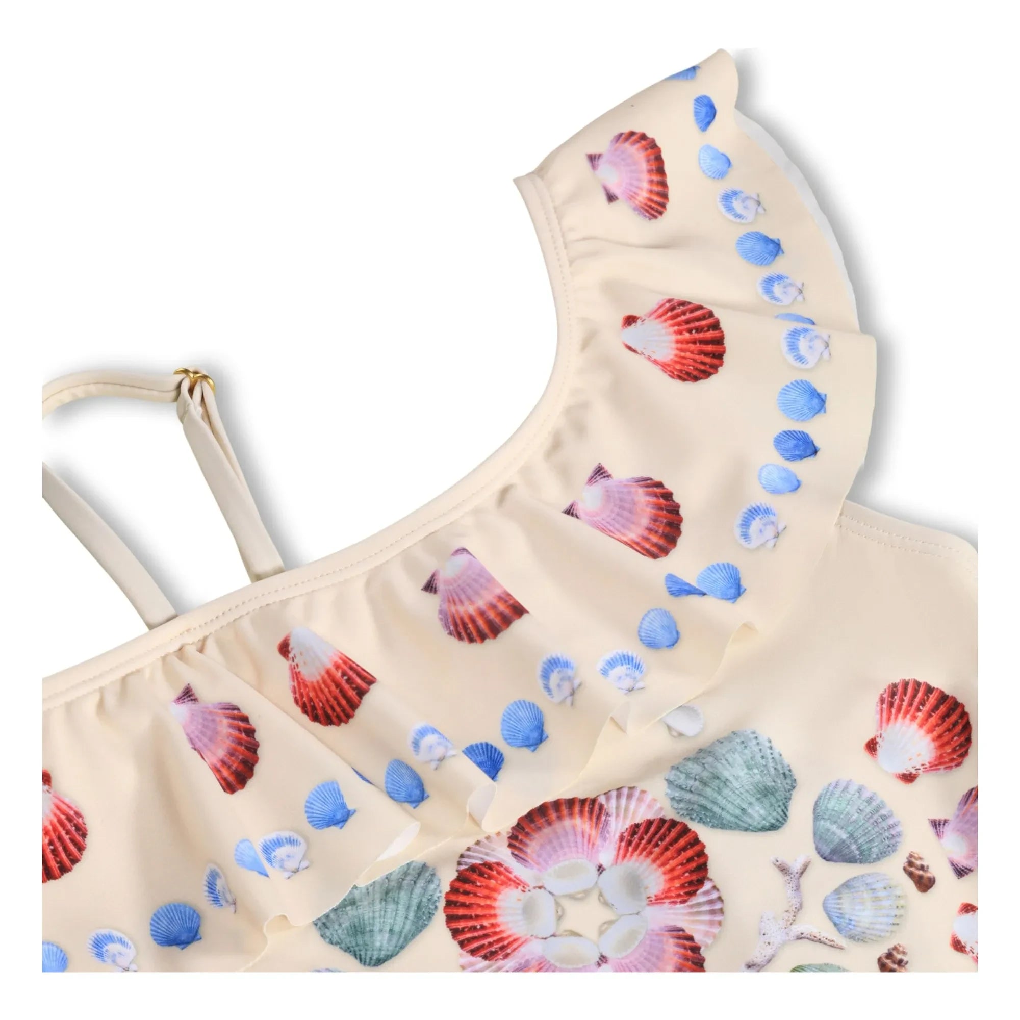 Molo - Asymmetrischer Rüschen-Badeanzug mit Muschelprint aus recycelten Fasern | Ecru