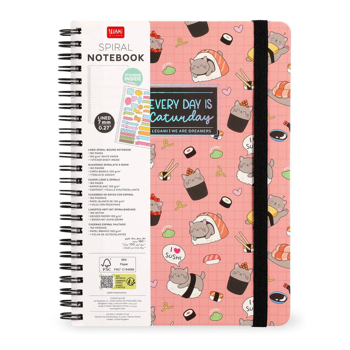 Legami - A4 Lined Notizbuch mit Illustrated Hard Hülle - Sushi Cat - Jotter - Spiral-Bound
