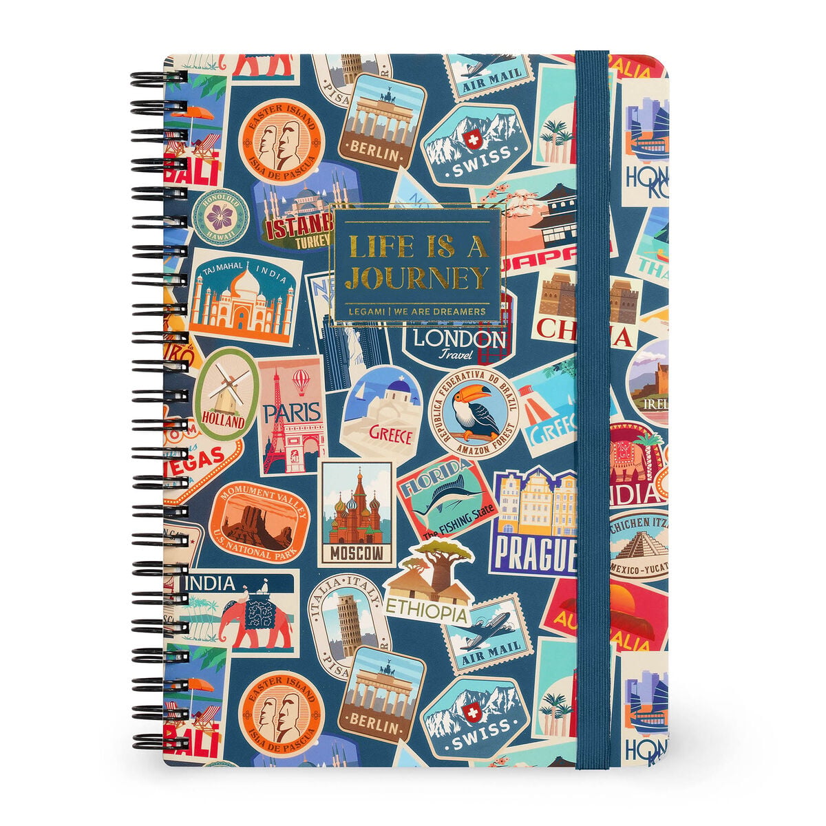 Legami - A5-liniertes Notizbuch mit illustrierter Hartschale - Reisesticker - Spiralbindung