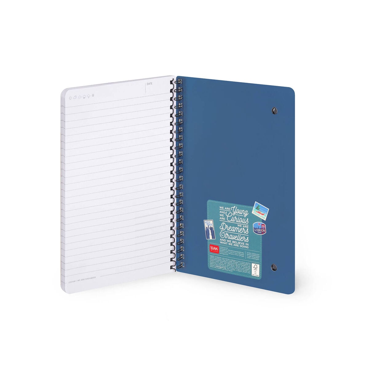 Legami - A5-liniertes Notizbuch mit illustrierter Hartschale - Reisesticker - Spiralbindung